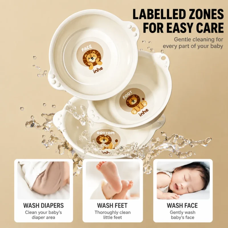 Bulk children washbasins for daycare centers with labelled zones for baby face, feet, and diaper area cleaning.