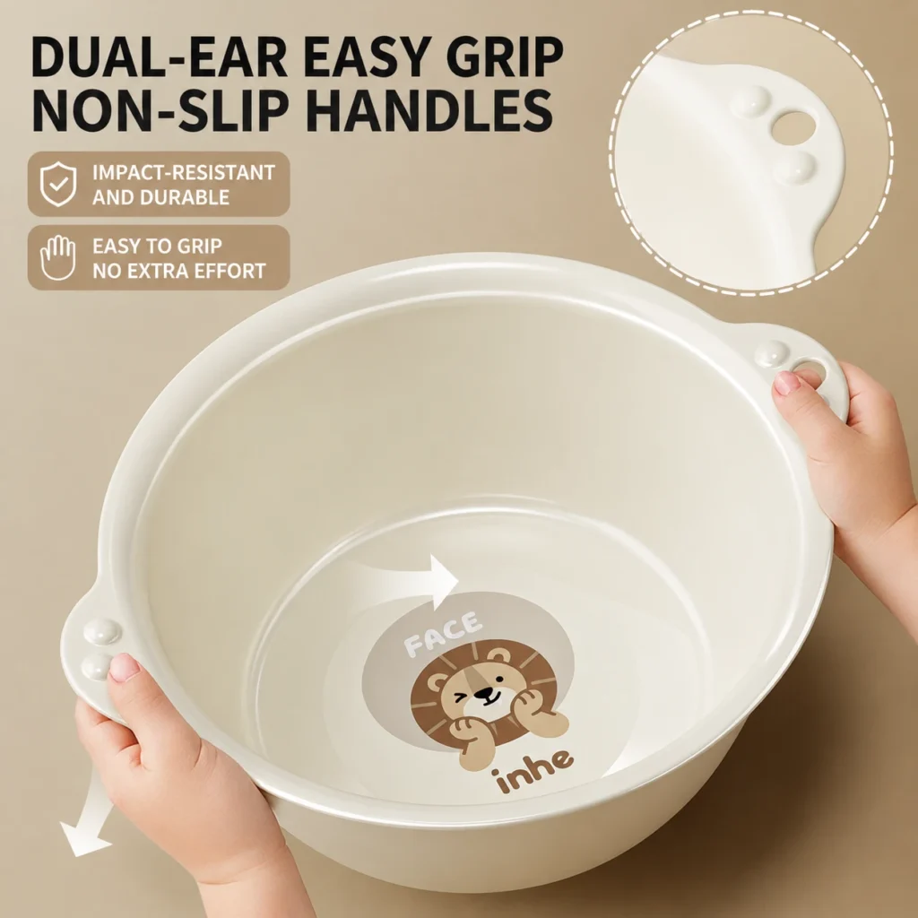 Cartoon design children washbasin with dual-ear easy grip non-slip handles from wholesale kids washbasins factory.