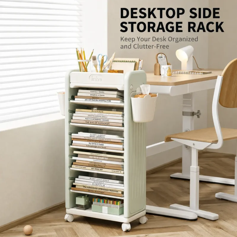 Minimalist kids bookshelf and mobile desktop side storage rack next to a study desk from wholesale children furniture supplier.