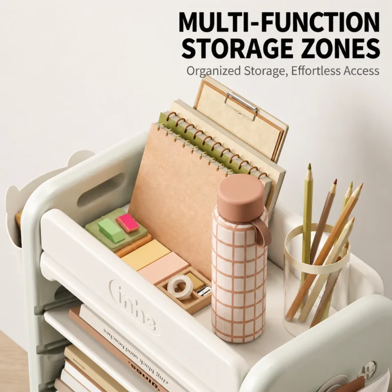 Multi-function storage zones on the top tray of a toddler plastic bookshelf from OEM kids bookcase manufacturer.