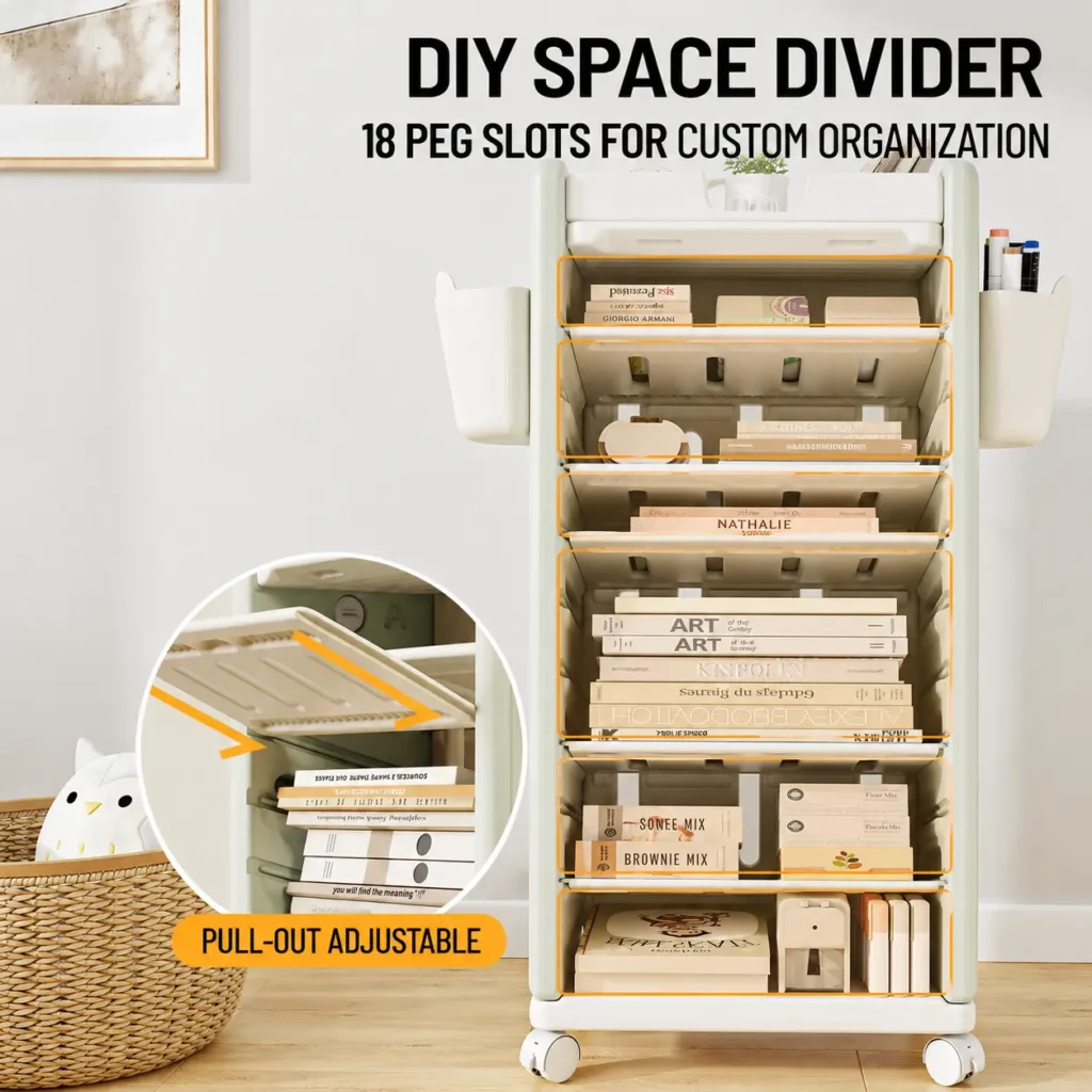 High-capacity preschool bookcases featuring DIY space divider with 18 slots for flexible custom storage and organization.