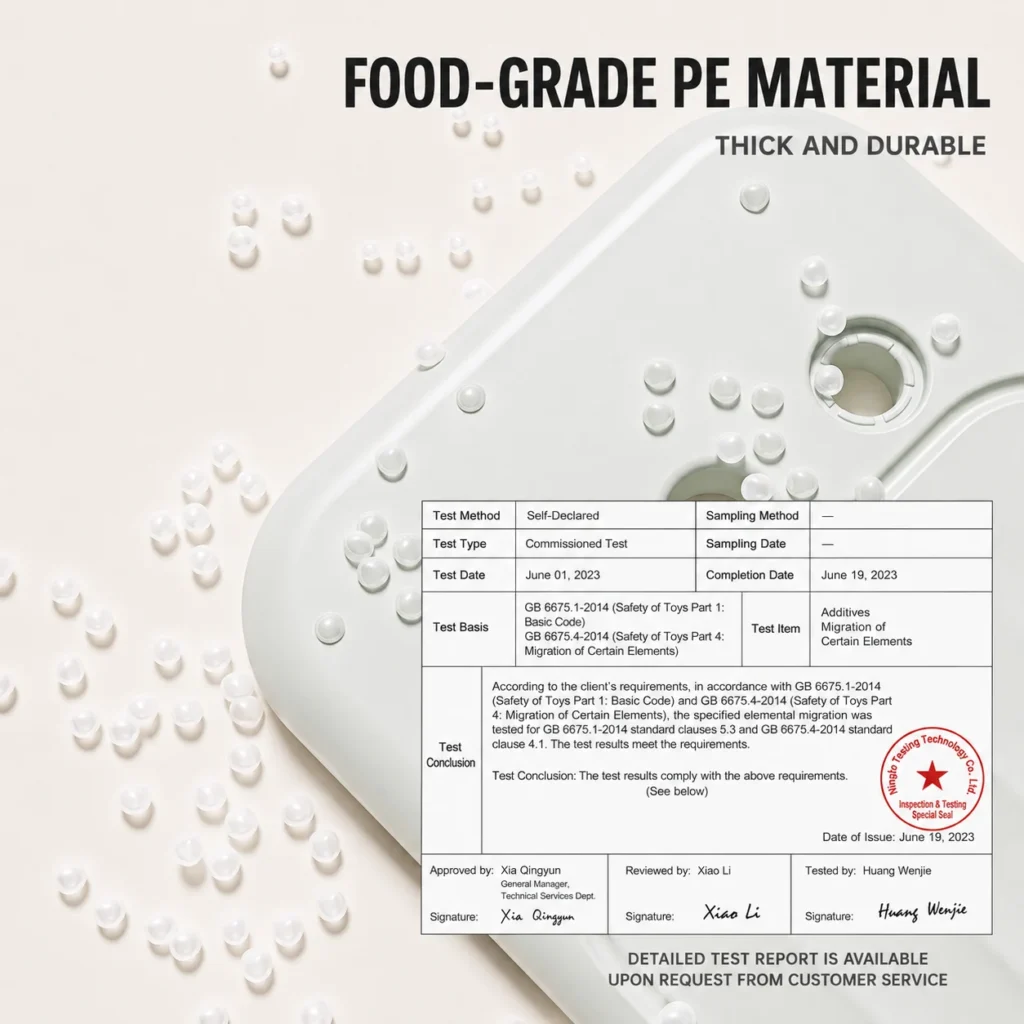 CE certified children bookshelf showing material safety test report for thick food-grade PE material from China factory.