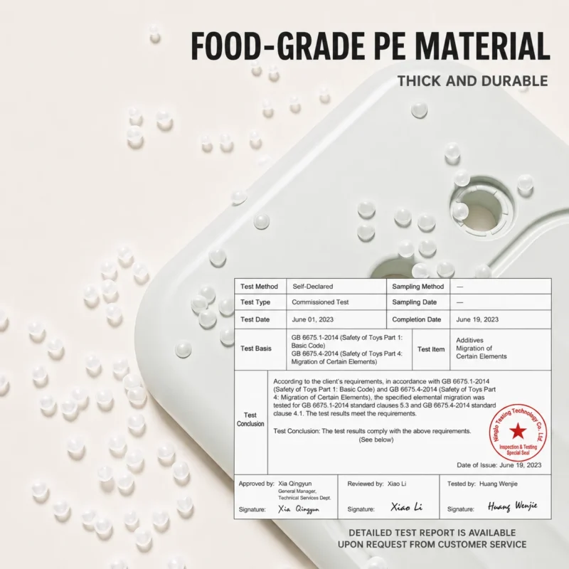 CE certified children bookshelf showing material safety test report for thick food-grade PE material from China factory.