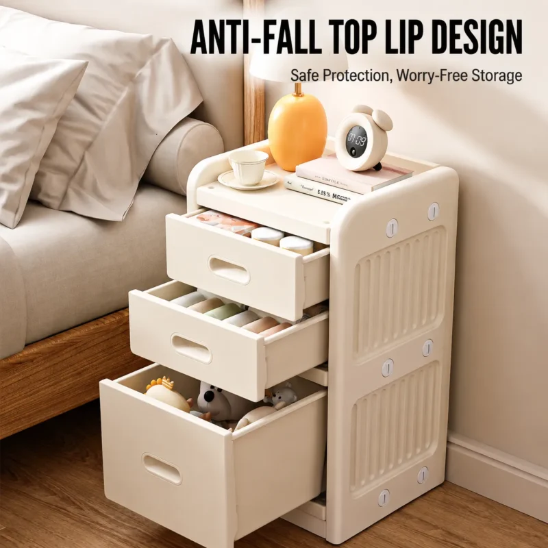 Smartly divided toddler toy storage cabinets featuring a premium anti-fall top lip design for secure bedside storage.