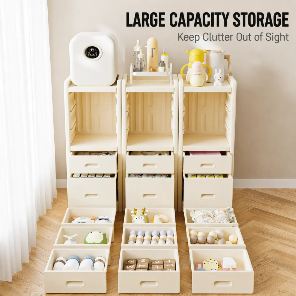 Custom eco-friendly kids storage racks with ASTM+CCPIA Testing Report showcasing a 3-piece modular storage chest set with open bins.