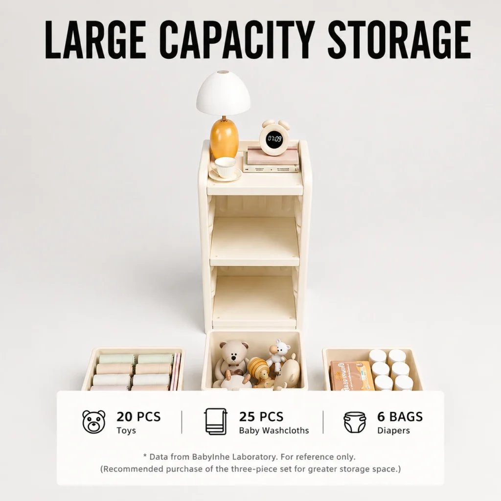 High capacity preschool storage shelves from China supplier showing a single modular drawer cabinet with extensive diaper and toy storage.