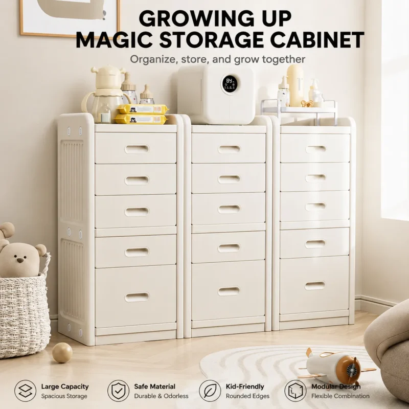Minimalist kids giraffe theme storage cabinet verified by EN71 Test Report highlighting removable open bins for easy toy sorting.