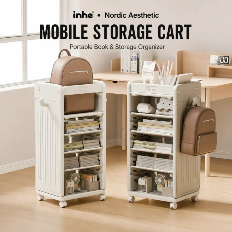 Minimalist modern mobile storage cart and portable children book organizer from wholesale nursery furniture manufacturer.