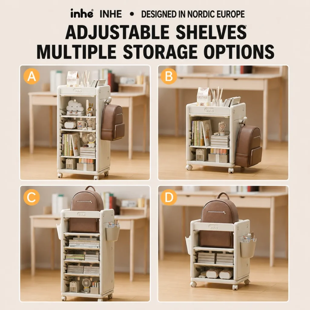 Modular kids bookshelf from China factory showing multiple adjustable shelves options for customized B2B storage solutions.
