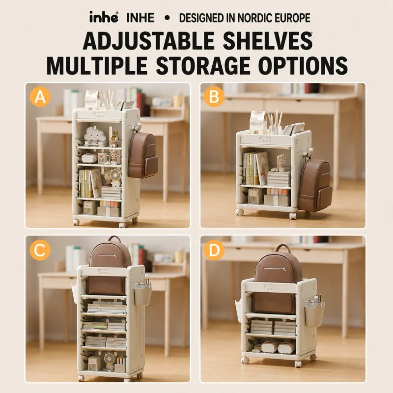 Modular kids bookshelf from China factory showing multiple adjustable shelves options for customized B2B storage solutions.