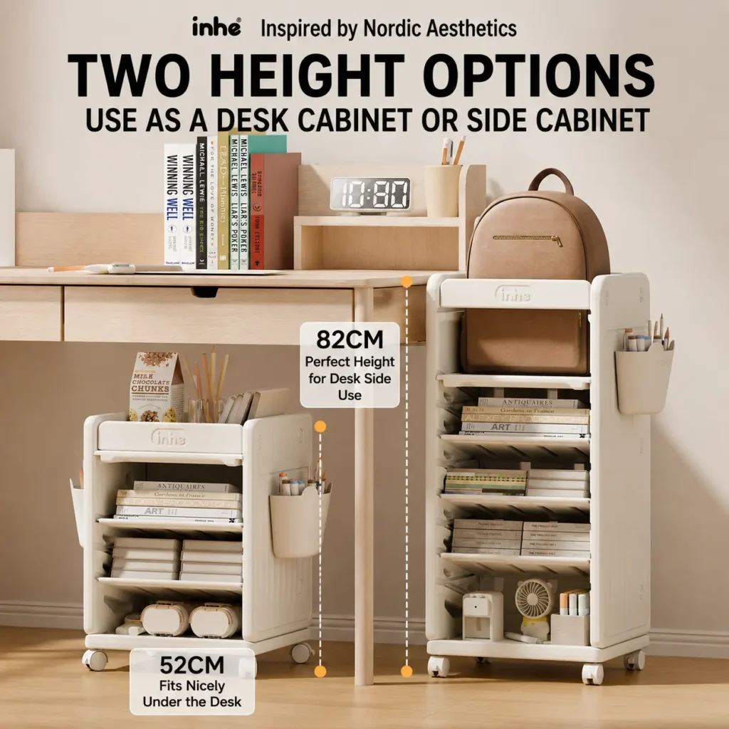 Two height options of a mobile nursery storage cabinet including an 82cm desk side cabinet and a 52cm under desk unit.