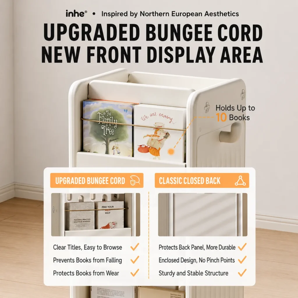 Upgraded bungee cord front display area on a toddler plastic bookshelf holding up to 10 books securely without falling.