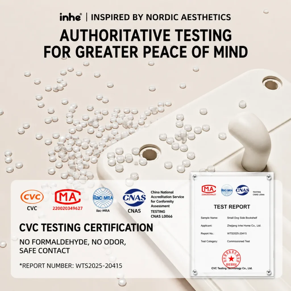 Authoritative CVC testing certification for a modular kids bookshelf verifying zero formaldehyde, zero odor, and safe contact quality.