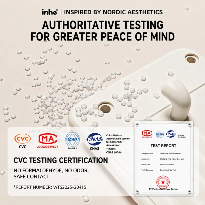 Authoritative CVC testing certification for a modular kids bookshelf verifying zero formaldehyde, zero odor, and safe contact quality.