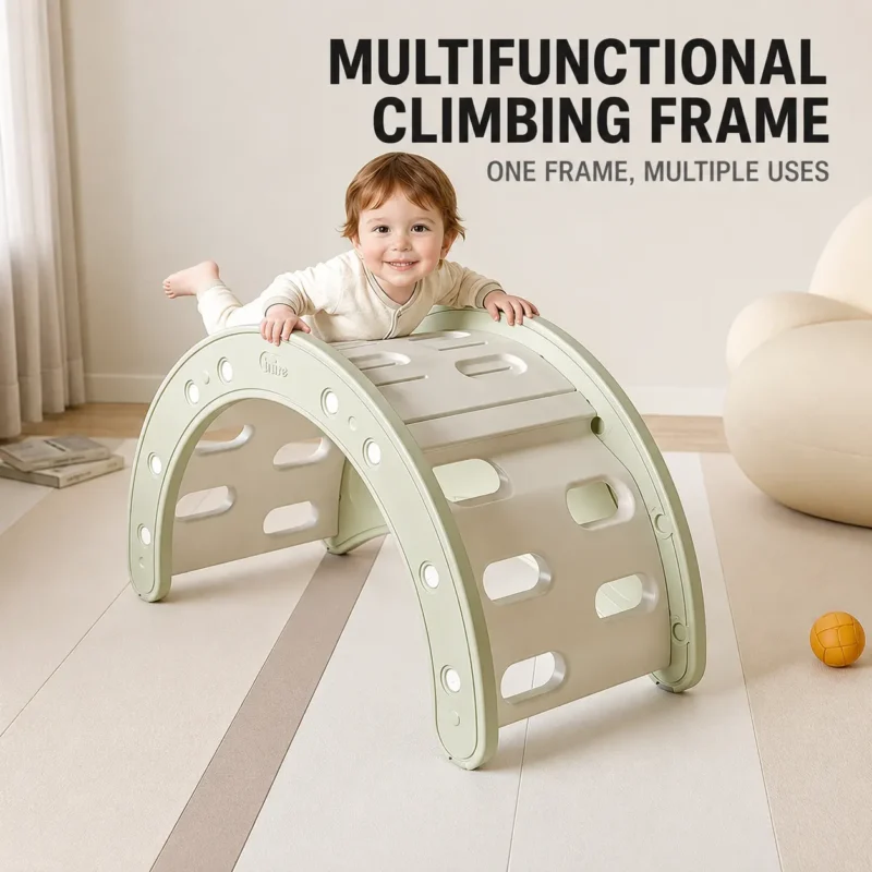 Multifunctional plastic climbing frame for toddlers in a moon shape arch climber setup from OEM climbing gym manufacturer China.