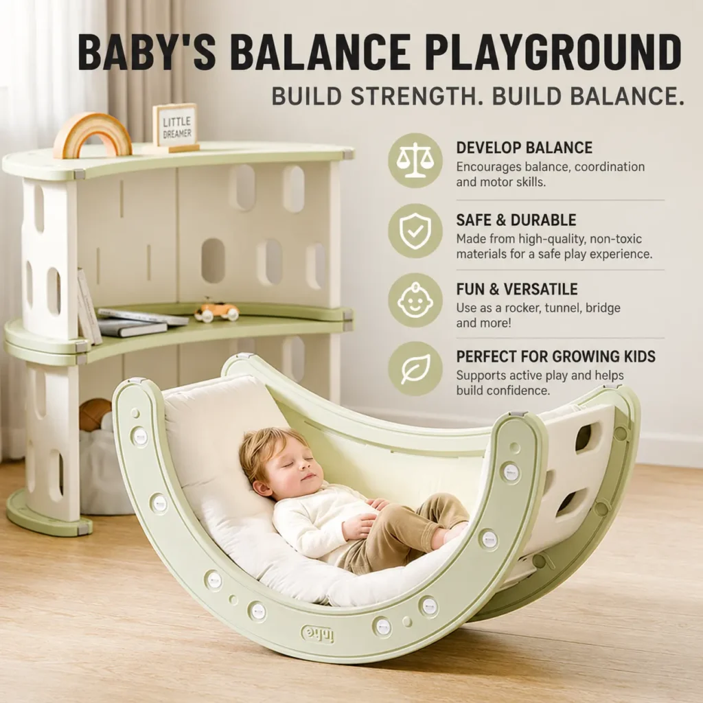 Safe toddler indoor climbing frame used as a balance rocker and tunnel in a minimalist playroom from China factory manufacturer.