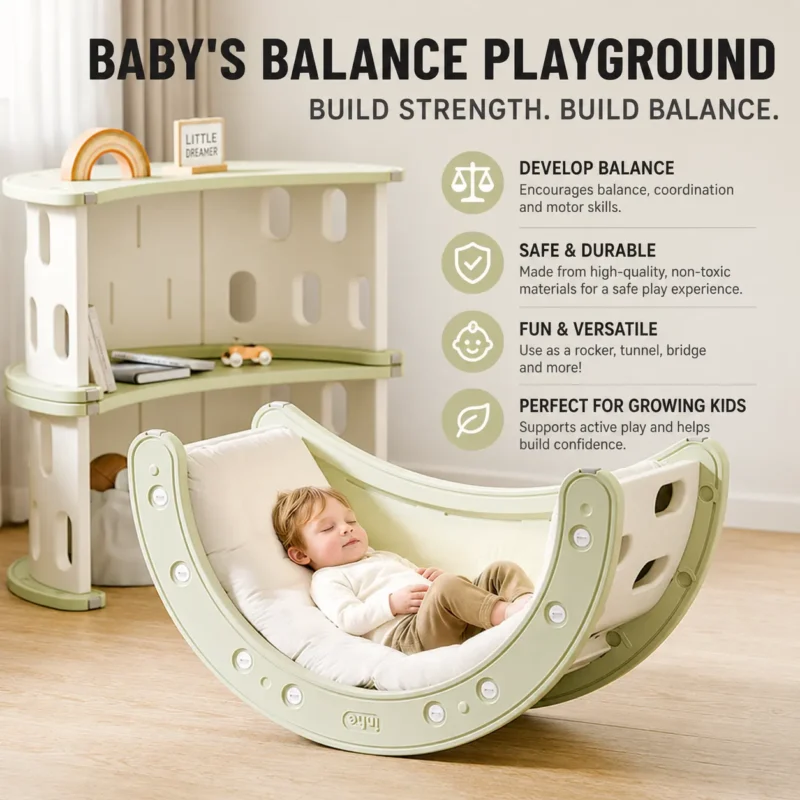 Safe toddler indoor climbing frame used as a balance rocker and tunnel in a minimalist playroom from China factory manufacturer.