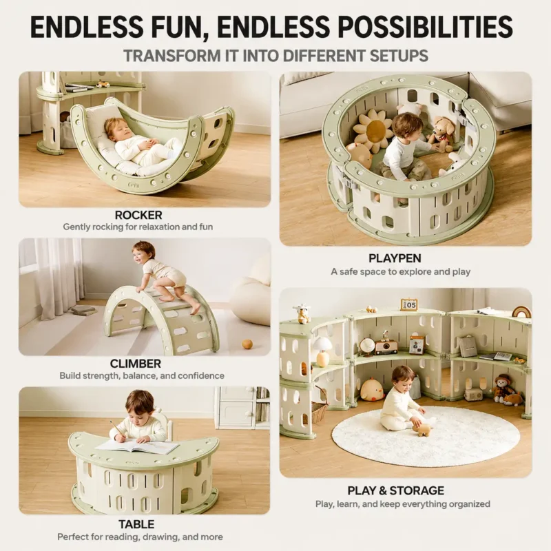 Multifunctional plastic kids climbing frames wholesale showing 5 setups including rocker, playpen, climber, table, and storage solution.