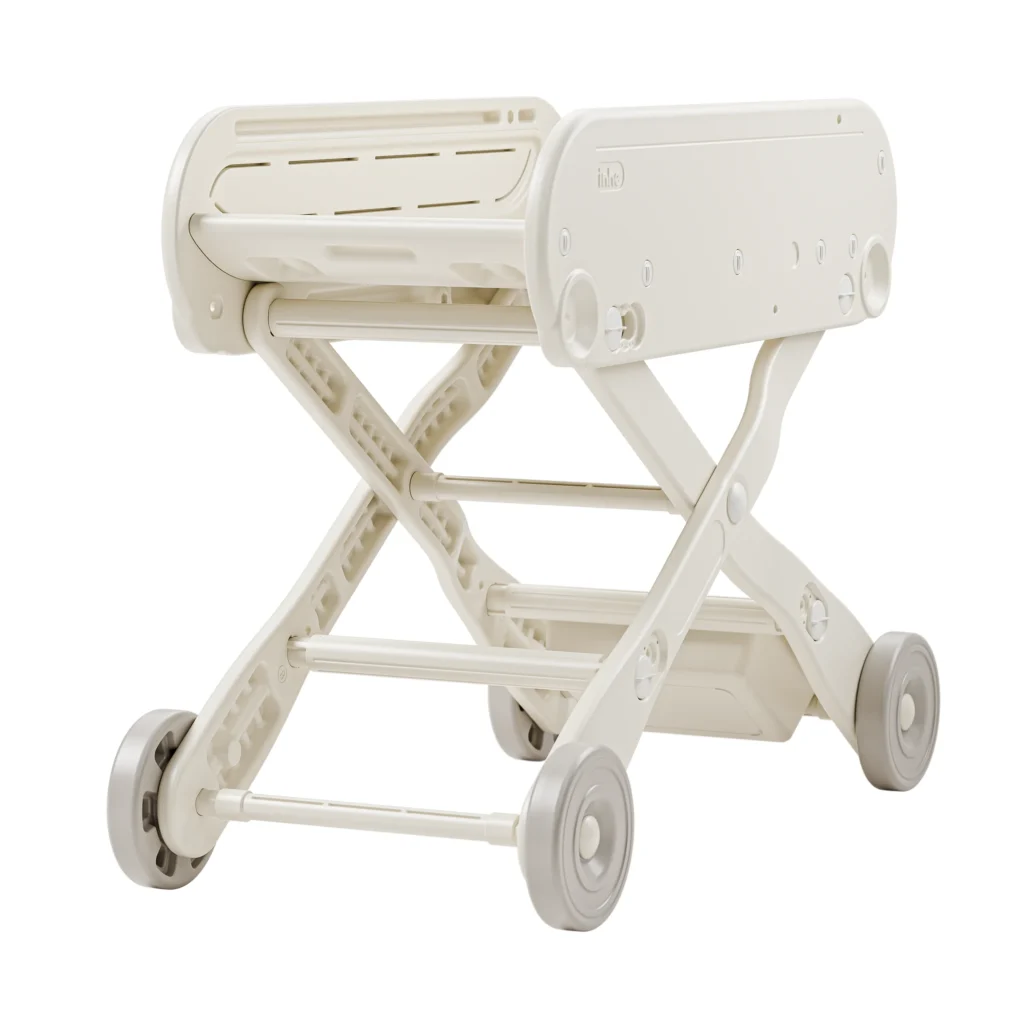 Commercial daycare baby changing stations with mobile wheels and foldable plastic frame from OEM nursery furniture manufacturer.