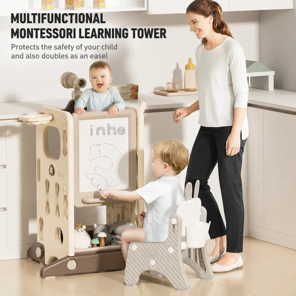 Premium preschool kids kitchen helper equipment verified by ASTM+CCPIA Testing Report highlighting an integrated multi-functional framework.