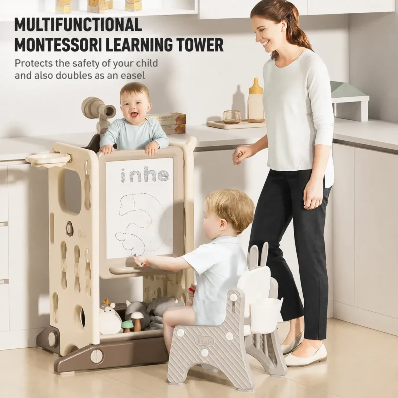 Premium preschool kids kitchen helper equipment verified by ASTM+CCPIA Testing Report highlighting an integrated multi-functional framework.