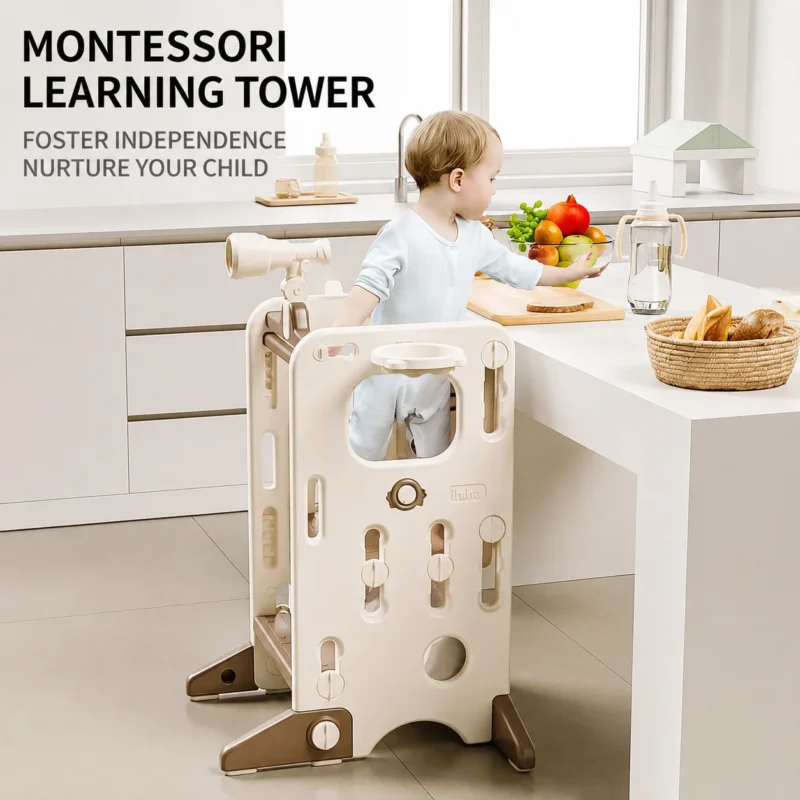 Minimalist kids Montessori series step stool with a spacious open storage layout and a widened anti-topple base plate layout.