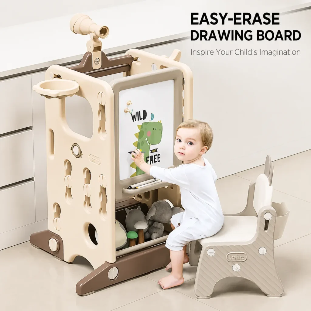 Ergonomic plastic toddler easel and stool set compliant with CPC Certificate requirements featuring an easy-erase smooth whiteboard.