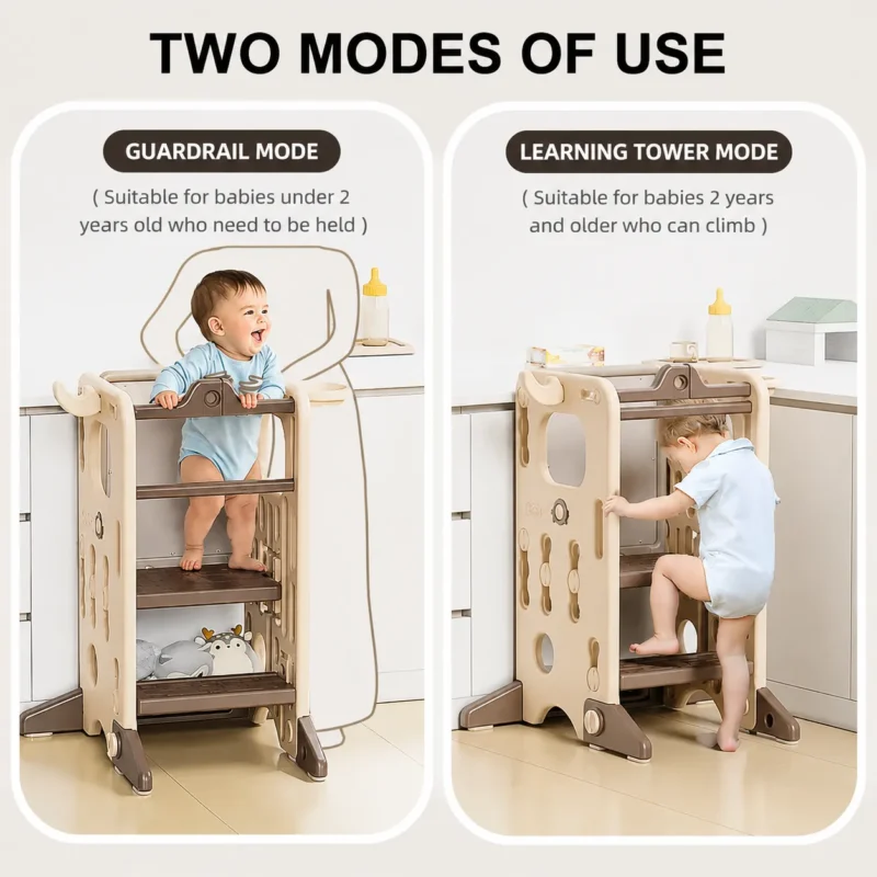 Custom multifunctional Montessori learning tower showing a 2-in-1 convertible framework switching from guardrail mode to climbing mode.
