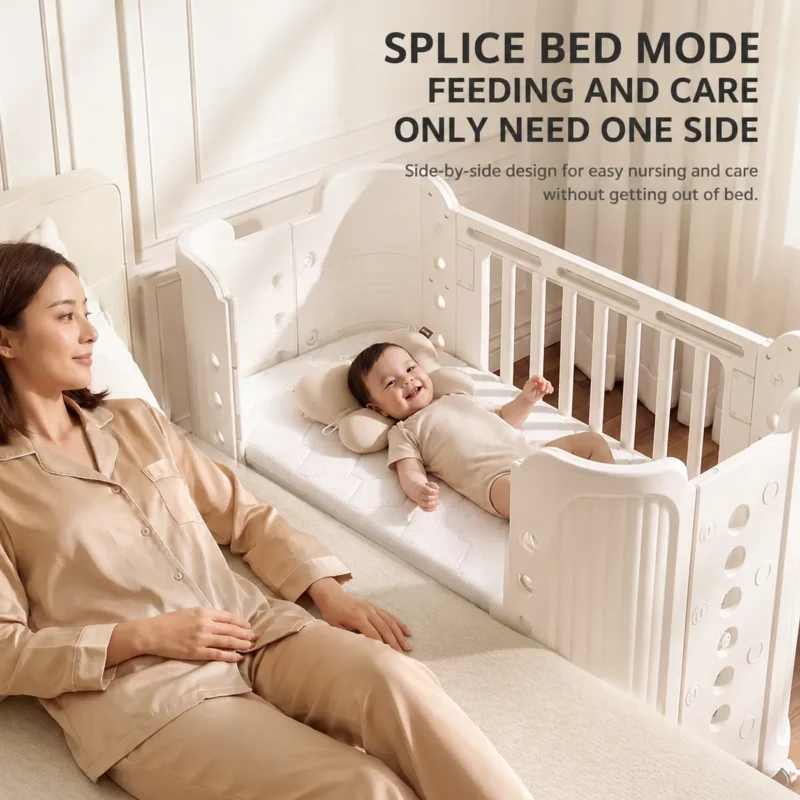 Custom multifunctional baby crib showing a side-by-side co-sleeping bed mode with a drop-down side rail for easy bedside nursing.