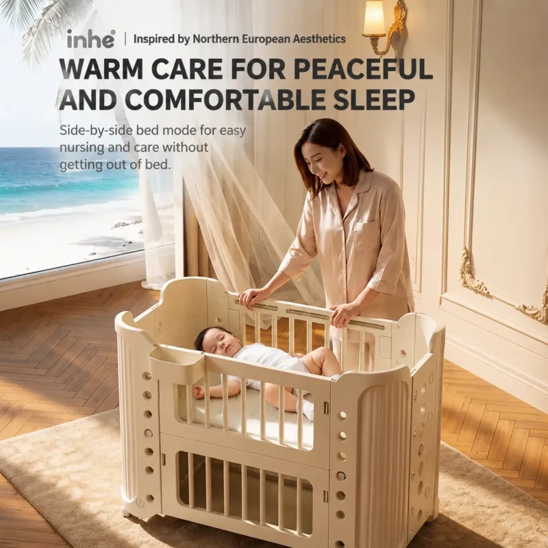 Premium nursery bassinet verified by CVC Testing Certification featuring a sturdy plastic framework and smooth rounded guardrails.