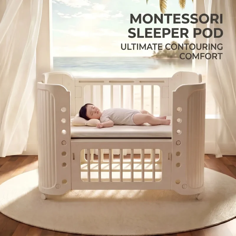Heavy duty plastic children bed from China factory showcasing an ergonomic sleeper pod layout with ventilated side panels.