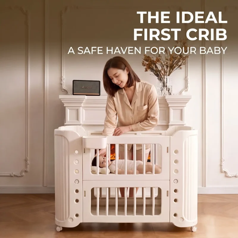 Minimalist kids convertible crib with silent lockable wheels featuring an open modular framework for newborn safety.