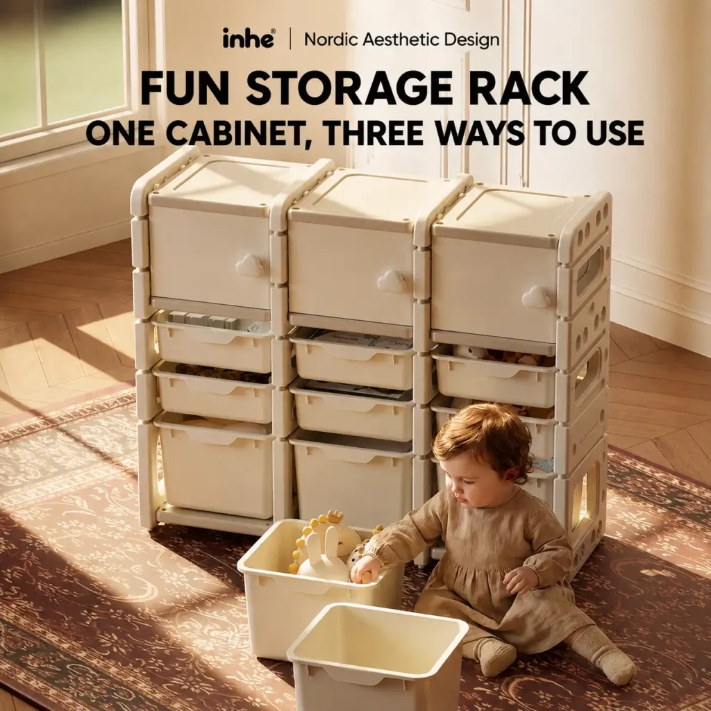 Minimalist kids playroom storage organizer verified by PE Testing Report showcasing a multifunctional 3-in-1 layout for daycares.