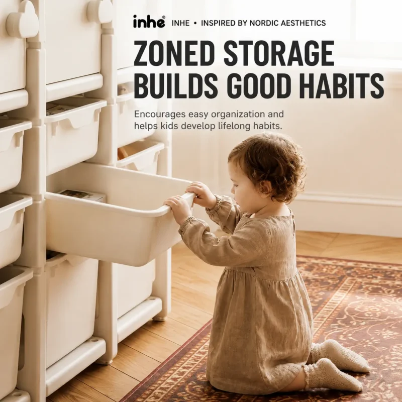 Smartly divided toddler toy storage cabinets from China factory allowing kids to pull out large storage bins independently.