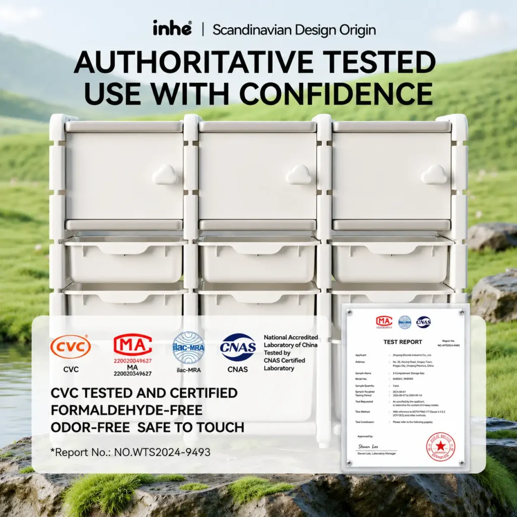 Custom eco-friendly kids storage racks verified by EN71 Test Report ensuring a formaldehyde-free odorless and safe to touch structure.