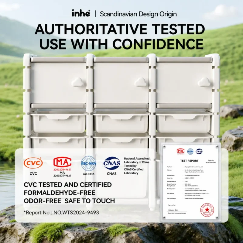 Custom eco-friendly kids storage racks verified by EN71 Test Report ensuring a formaldehyde-free odorless and safe to touch structure.