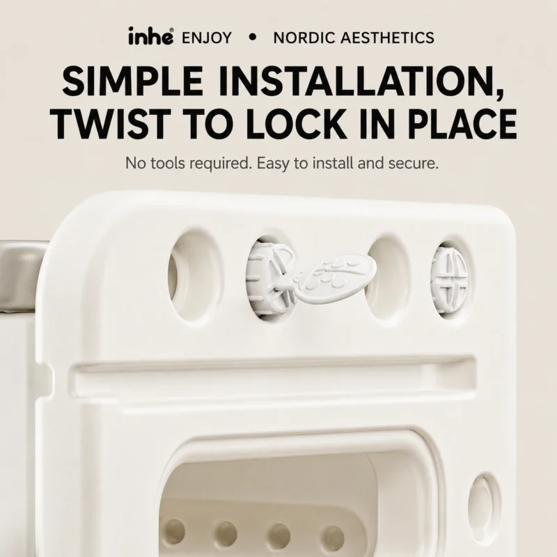 3C Certificate compliant modular design children storage cabinet featuring a tool-free twist-lock mechanism for quick assembly.