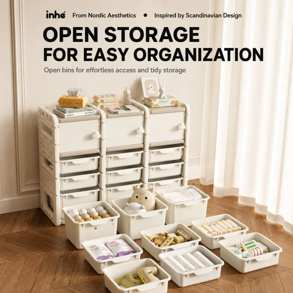 High-capacity preschool storage shelves showcasing an open-bin modular layout for effortless access and toddler toy organization.