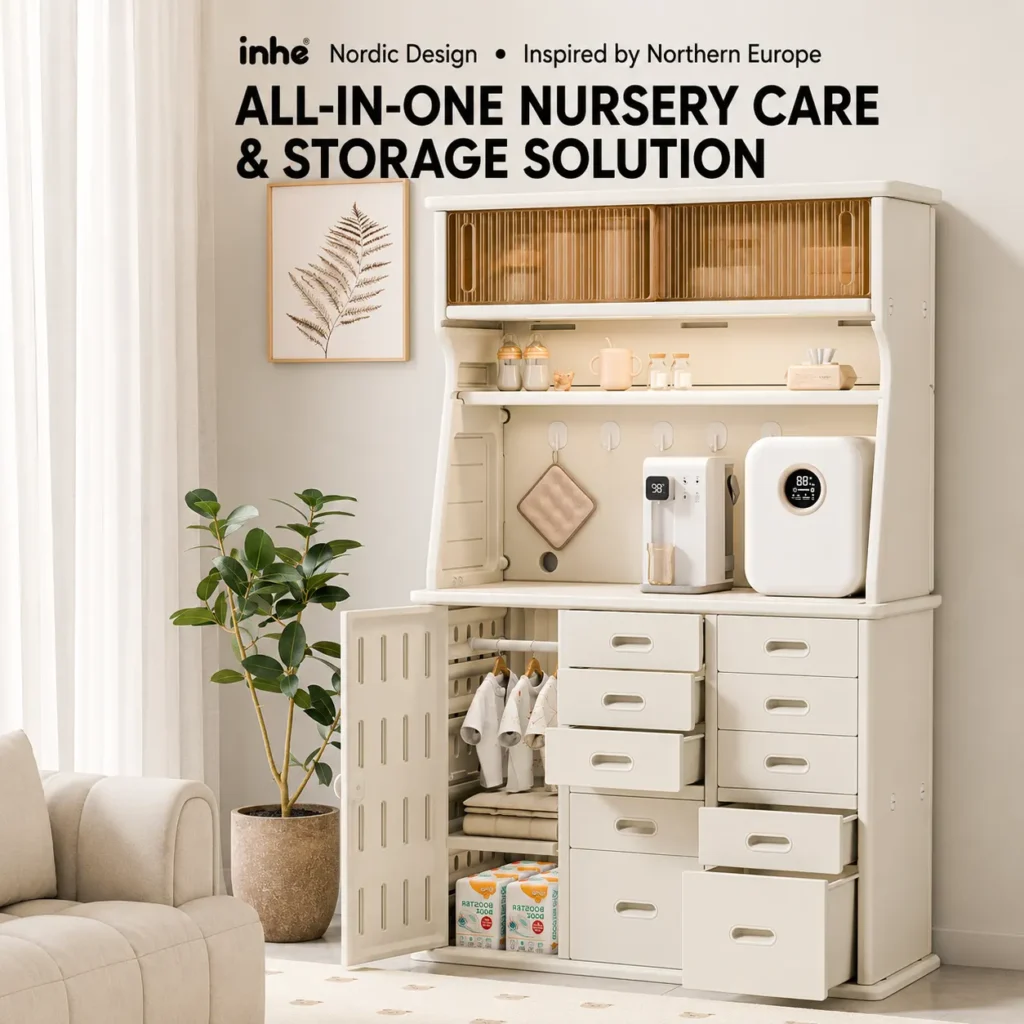 Minimalist kids combined wardrobe and feeding station compliant with CPC Certificate requirements from wholesale children furniture supplier.