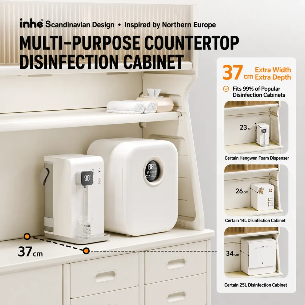 Smartly divided toddler toy storage cabinets showcasing an extra wide and deep multi-purpose countertop for feeding appliances.