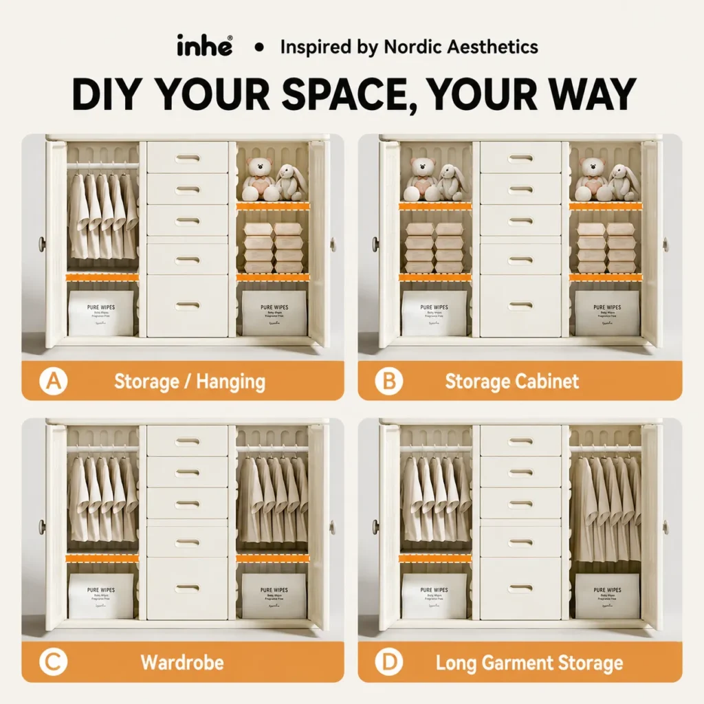 High capacity preschool storage shelves from China factory showcasing a highly customizable modular cabinet layout with removable panels.