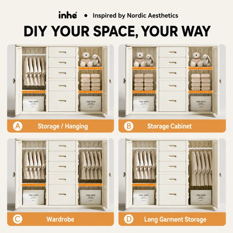 High capacity preschool storage shelves from China factory showcasing a highly customizable modular cabinet layout with removable panels.