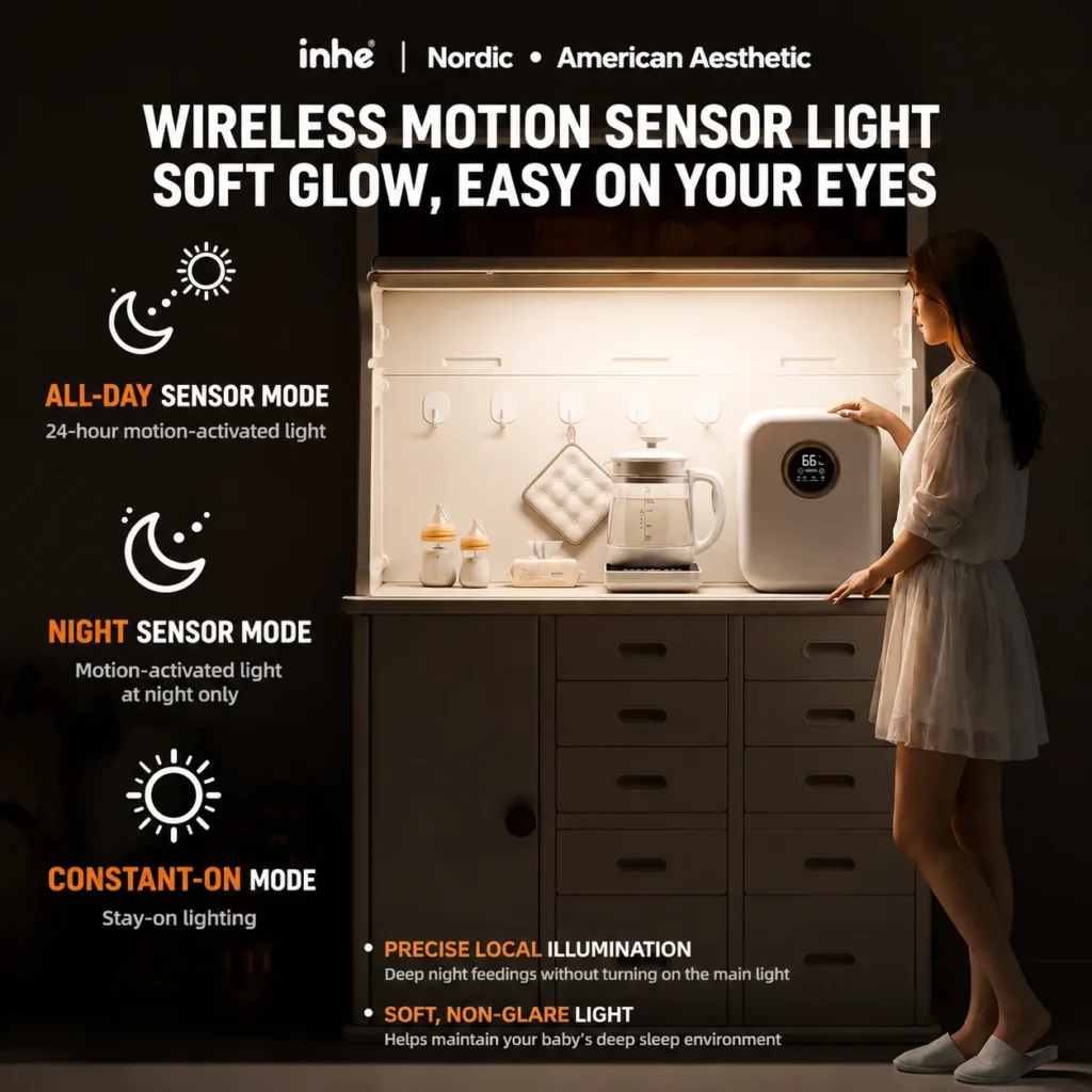Multifunctional nursery feeding station featuring a wireless motion sensor light with smart dimmed eye-protection modes.