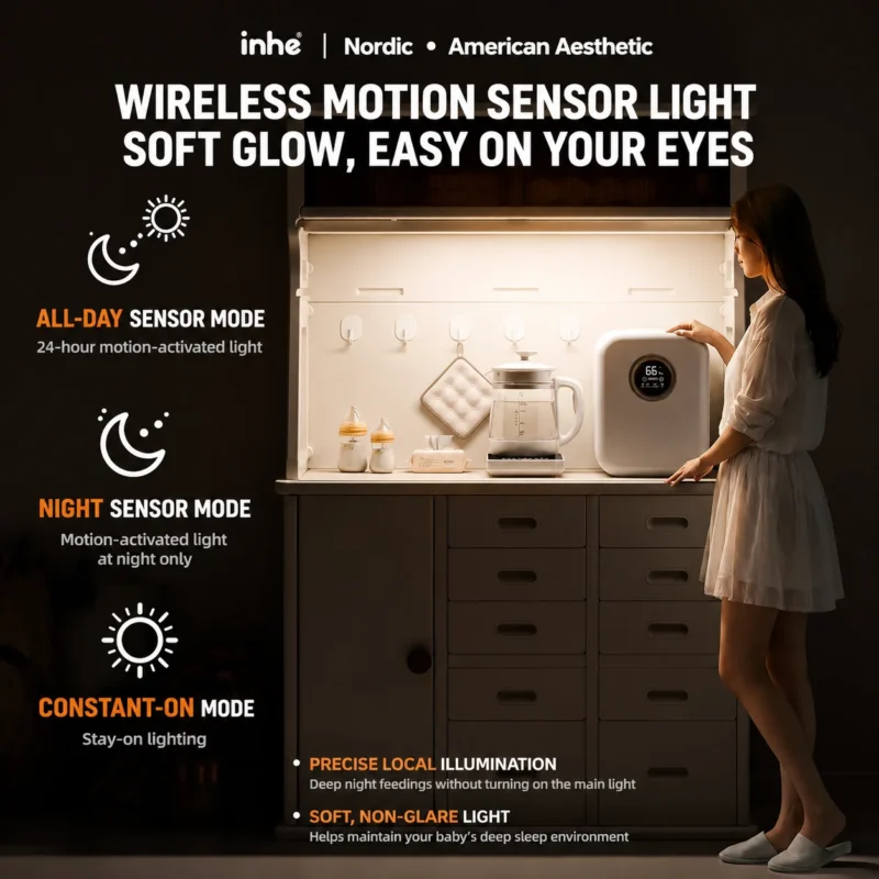 Multifunctional nursery feeding station featuring a wireless motion sensor light with smart dimmed eye-protection modes.