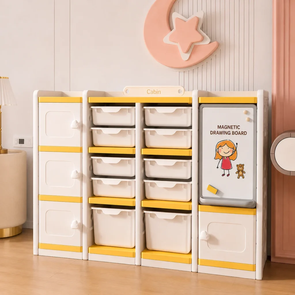 Minimalist kids multi-functional combined bookshelf and nursery storage cabinet unit compliant with CPC Certificate requirements from China manufacturer.