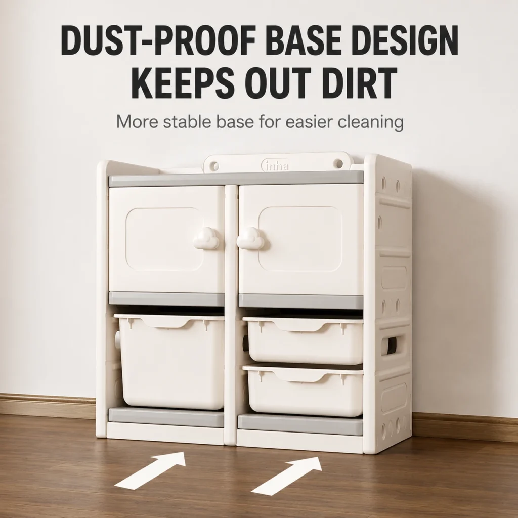 Custom eco-friendly kids storage racks showcasing a secure floor-level dust guard base to keep out dirt and ensure extra stability.