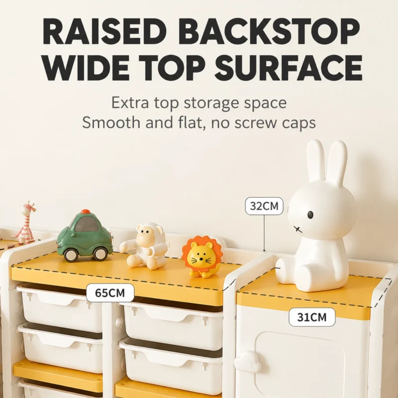 High capacity preschool bookcases verified by EN71 Test Report showcasing an extra wide top storage surface with a raised backstop design.