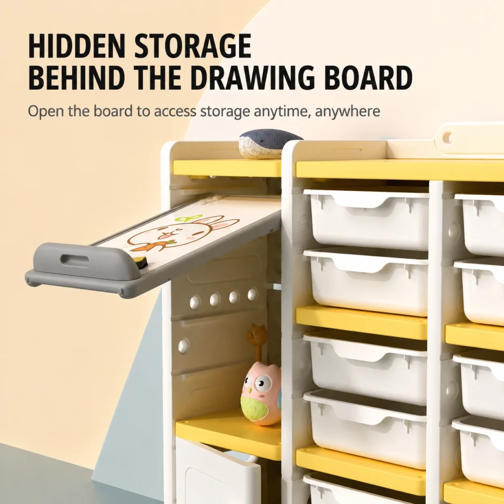 Modular design children storage cabinet wholesale from China with an innovative hidden storage space behind the magnetic graffiti board.