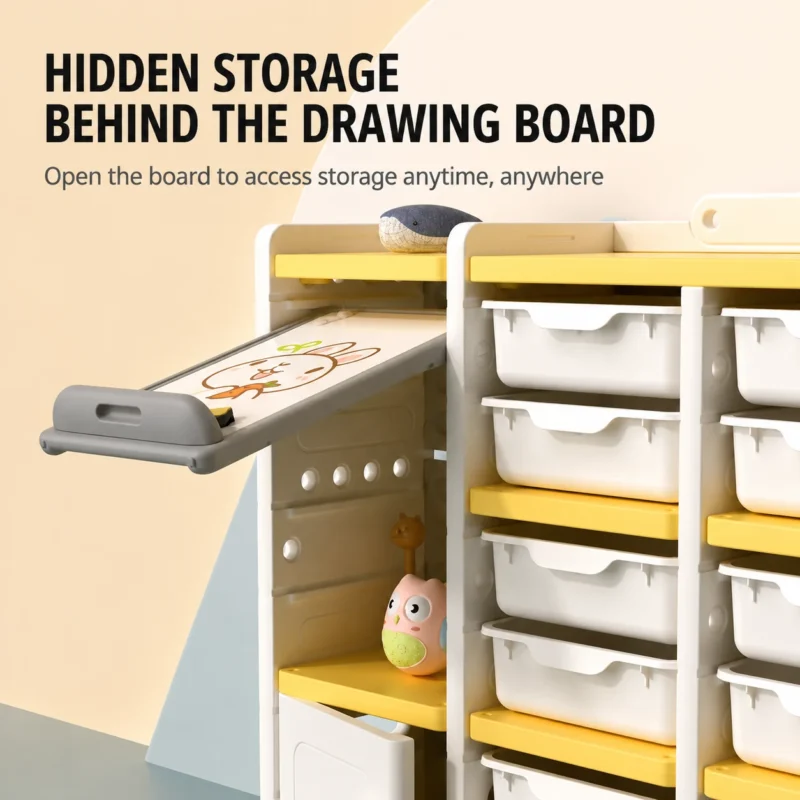 Modular design children storage cabinet wholesale from China with an innovative hidden storage space behind the magnetic graffiti board.