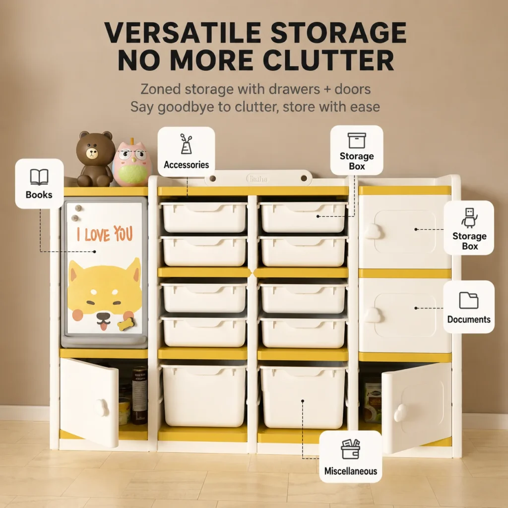 ISO9001 certified kids toy storage organizer showing a versatile layout with zoned cabinets and drawers for nursery schools.